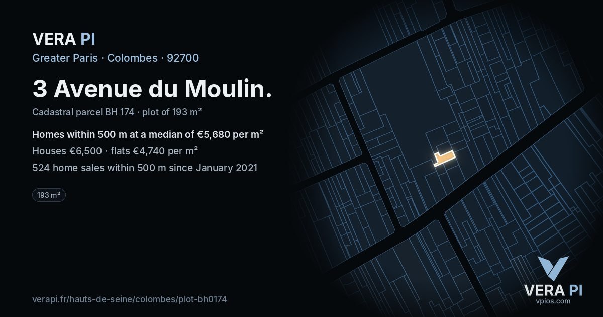 3 Avenue du Moulin, Colombes at night – the plot lit, the parcels around coloured by the prices near them
