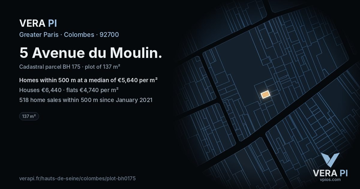 5 Avenue du Moulin, Colombes at night – the plot lit, the parcels around coloured by the prices near them