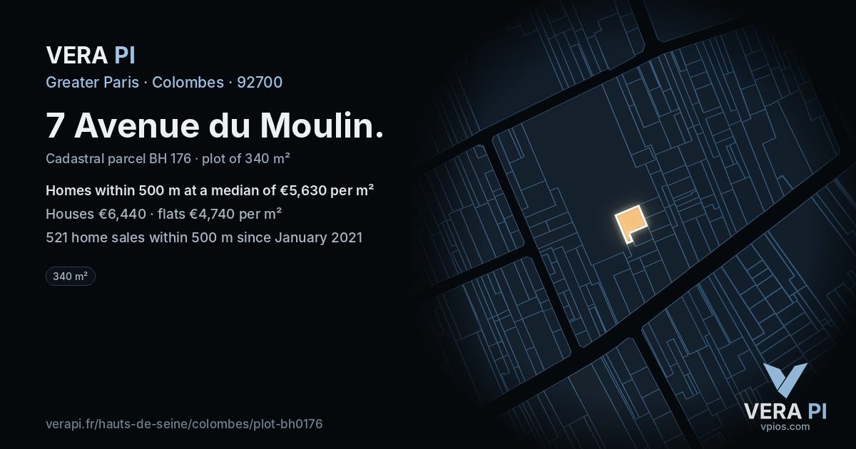 7 Avenue du Moulin, Colombes at night – the plot lit, the parcels around coloured by the prices near them