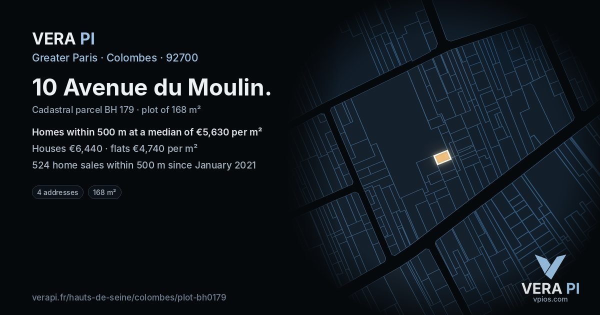 10 Avenue du Moulin, Colombes at night – the plot lit, the parcels around coloured by the prices near them