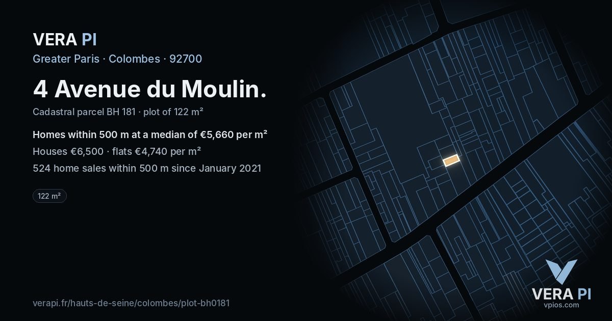 4 Avenue du Moulin, Colombes at night – the plot lit, the parcels around coloured by the prices near them