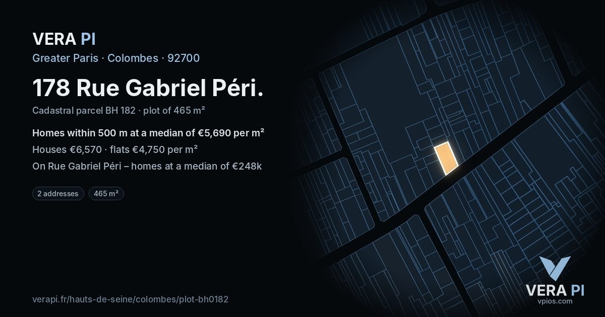178 Rue Gabriel Péri, Colombes at night – the plot lit, the parcels around coloured by the prices near them