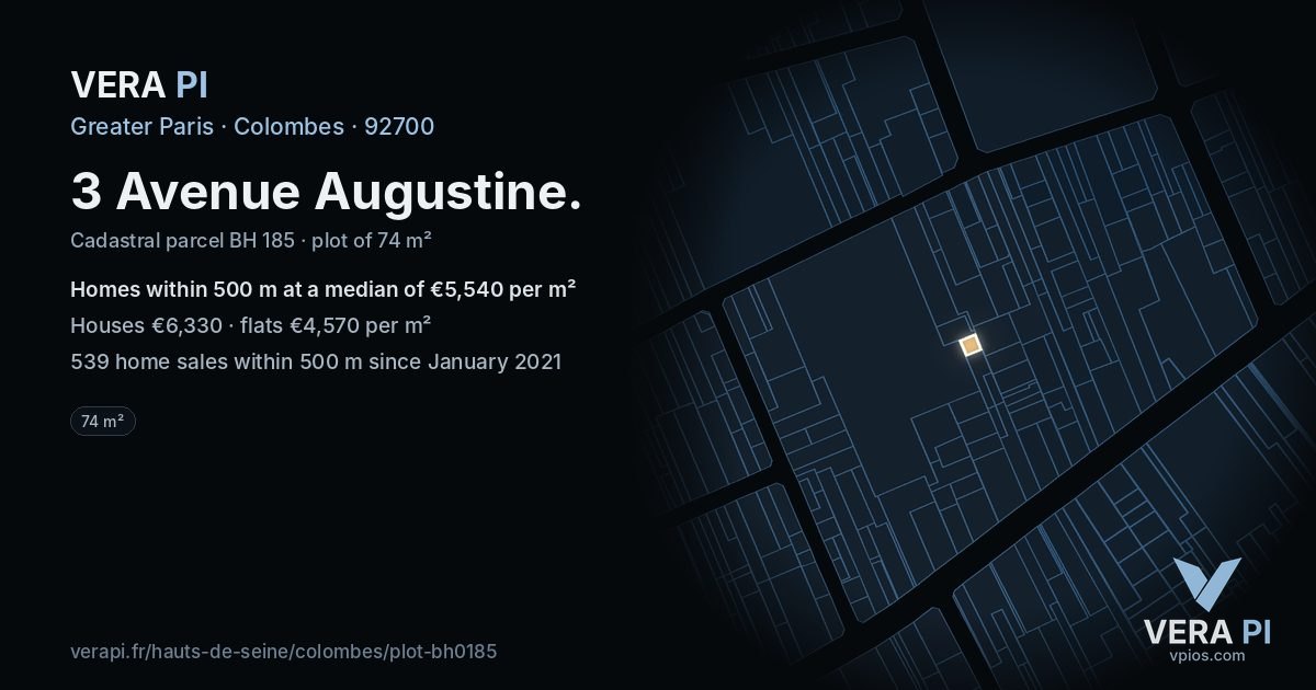 3 Avenue Augustine, Colombes at night – the plot lit, the parcels around coloured by the prices near them