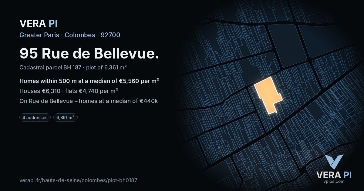 95 Rue de Bellevue, Colombes at night – the plot lit, the parcels around coloured by the prices near them