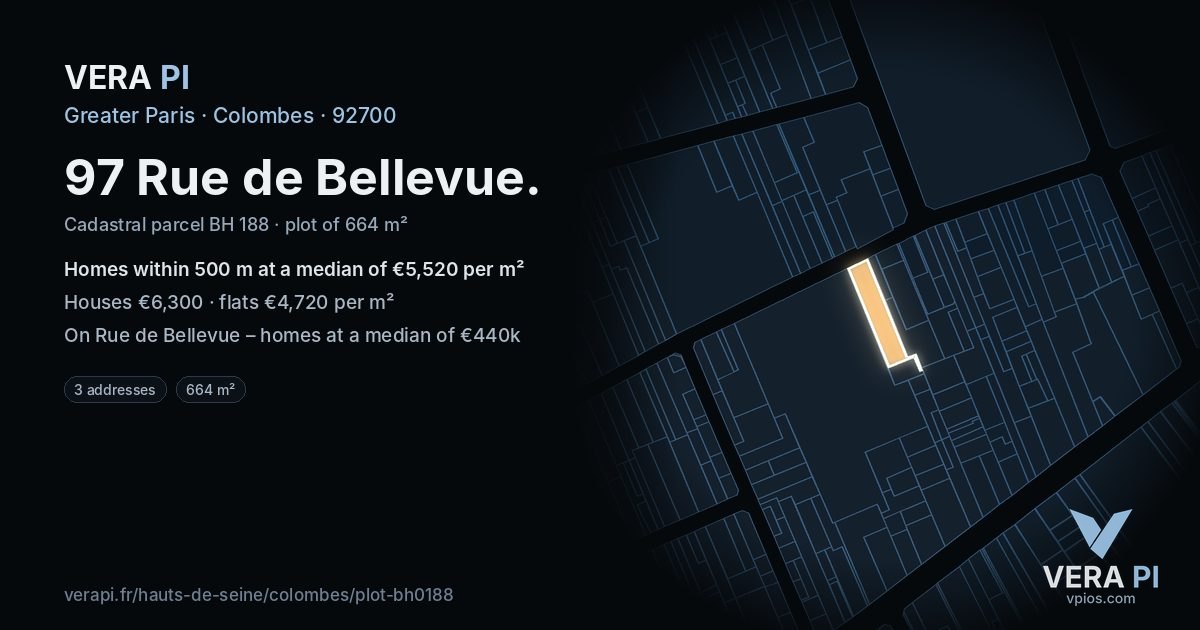 97 Rue de Bellevue, Colombes at night – the plot lit, the parcels around coloured by the prices near them