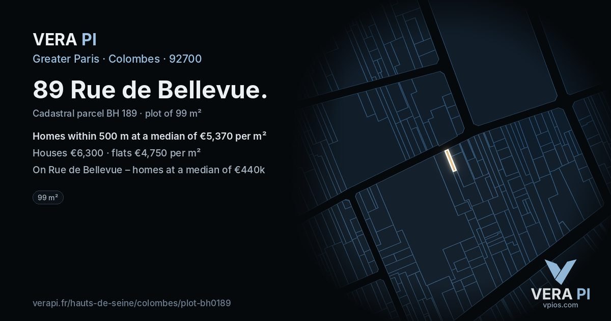 89 Rue de Bellevue, Colombes at night – the plot lit, the parcels around coloured by the prices near them