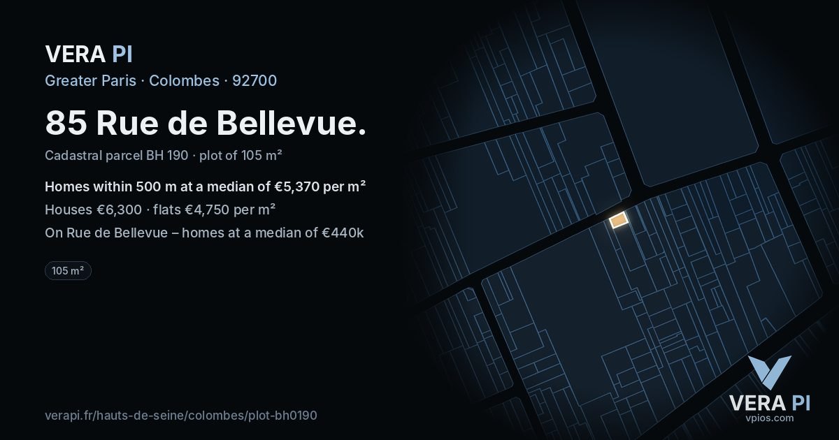 85 Rue de Bellevue, Colombes at night – the plot lit, the parcels around coloured by the prices near them