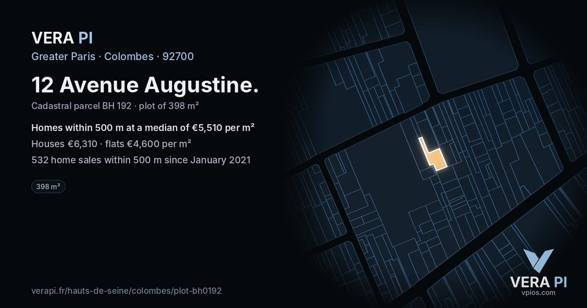 12 Avenue Augustine, Colombes at night – the plot lit, the parcels around coloured by the prices near them