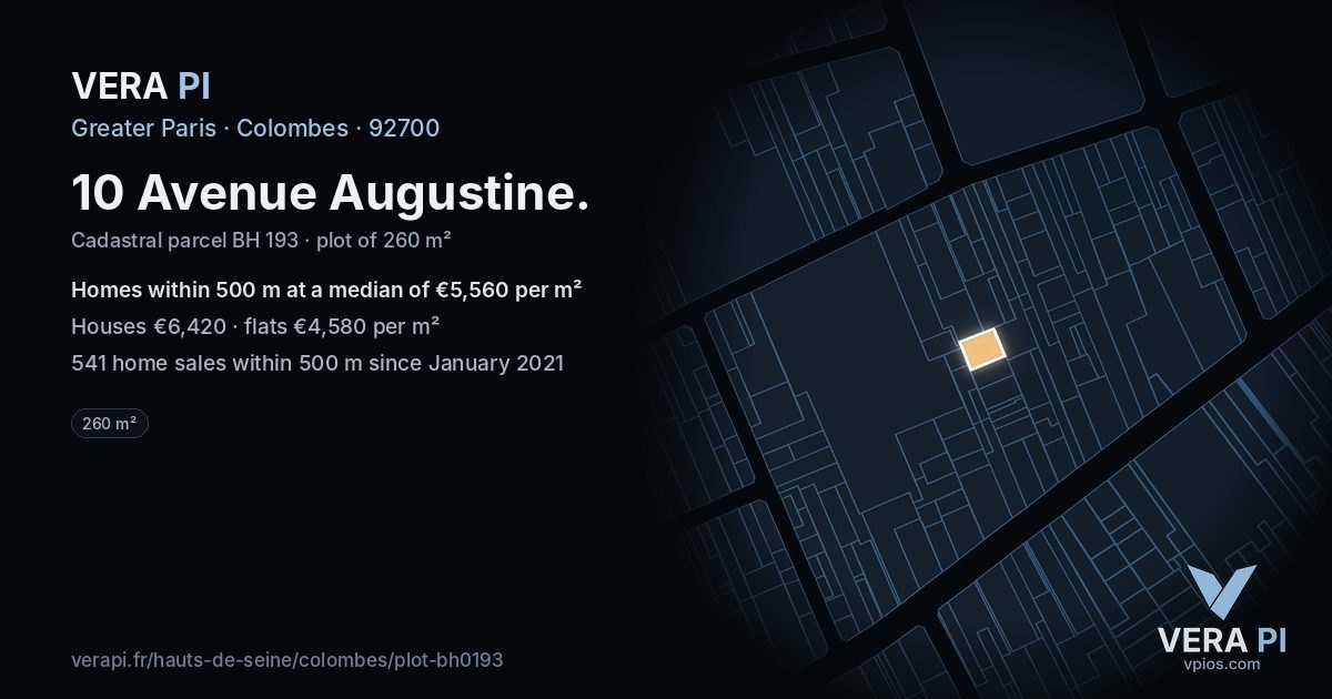 10 Avenue Augustine, Colombes at night – the plot lit, the parcels around coloured by the prices near them