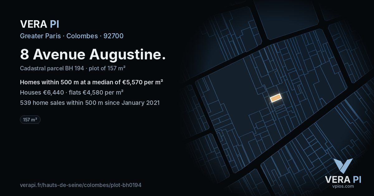 8 Avenue Augustine, Colombes at night – the plot lit, the parcels around coloured by the prices near them