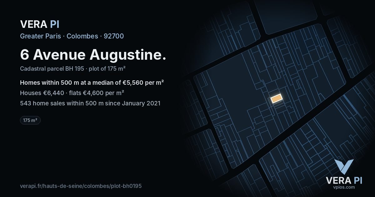 6 Avenue Augustine, Colombes at night – the plot lit, the parcels around coloured by the prices near them
