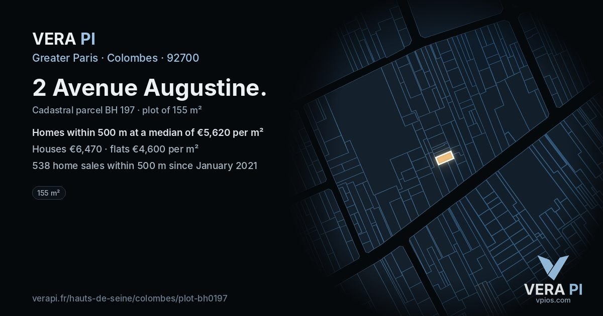 2 Avenue Augustine, Colombes at night – the plot lit, the parcels around coloured by the prices near them
