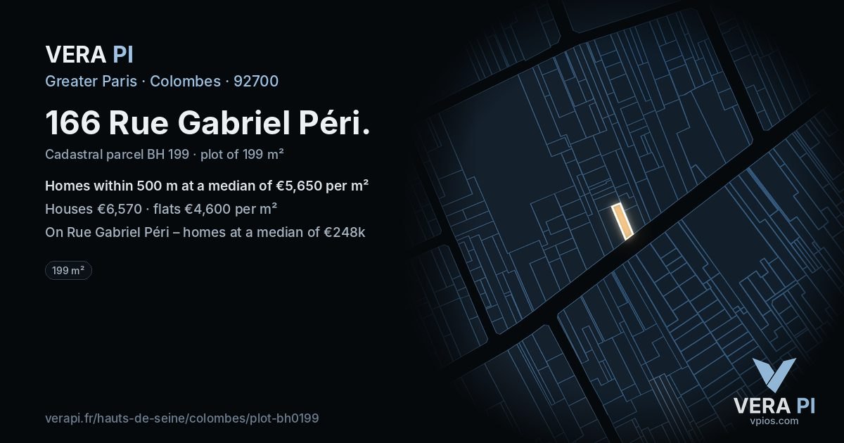 166 Rue Gabriel Péri, Colombes at night – the plot lit, the parcels around coloured by the prices near them