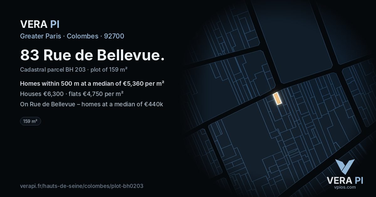 83 Rue de Bellevue, Colombes at night – the plot lit, the parcels around coloured by the prices near them