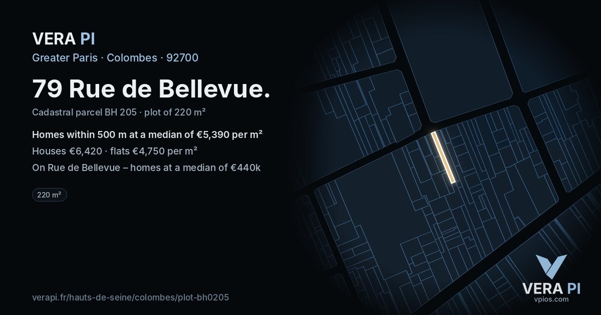79 Rue de Bellevue, Colombes at night – the plot lit, the parcels around coloured by the prices near them