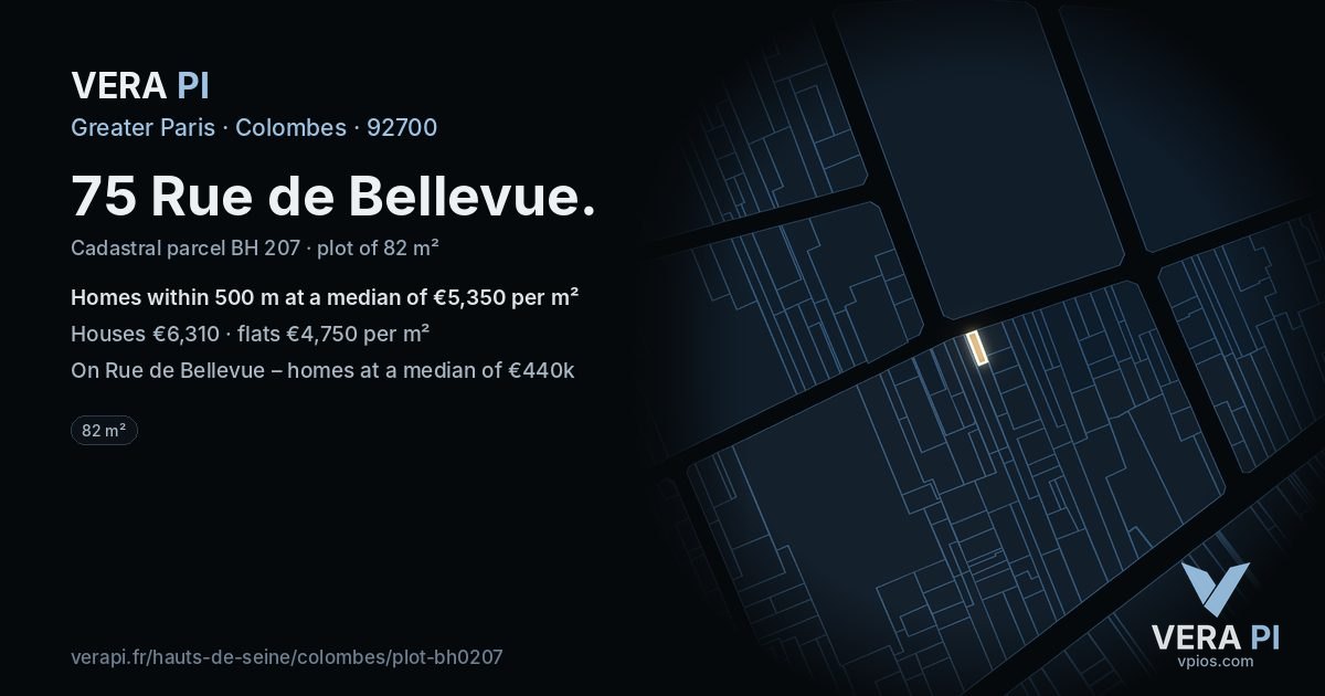 75 Rue de Bellevue, Colombes at night – the plot lit, the parcels around coloured by the prices near them