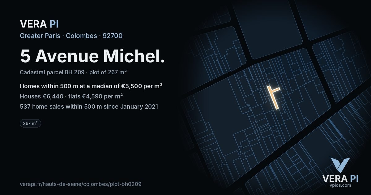 5 Avenue Michel, Colombes at night – the plot lit, the parcels around coloured by the prices near them