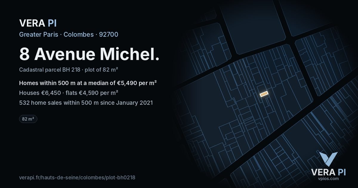8 Avenue Michel, Colombes at night – the plot lit, the parcels around coloured by the prices near them