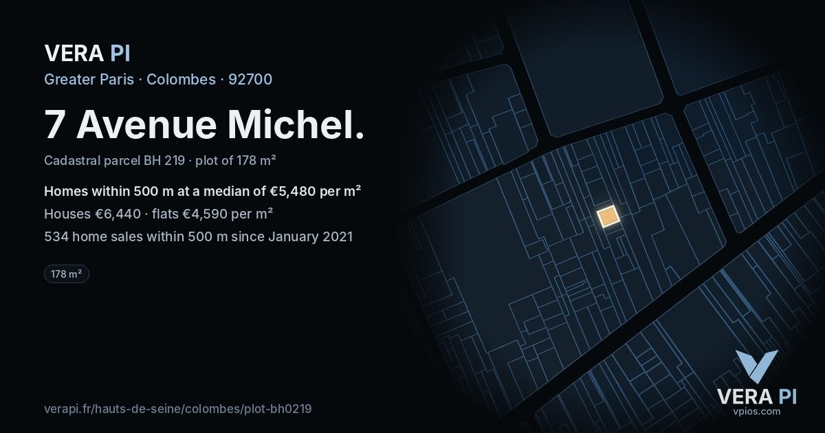 7 Avenue Michel, Colombes at night – the plot lit, the parcels around coloured by the prices near them