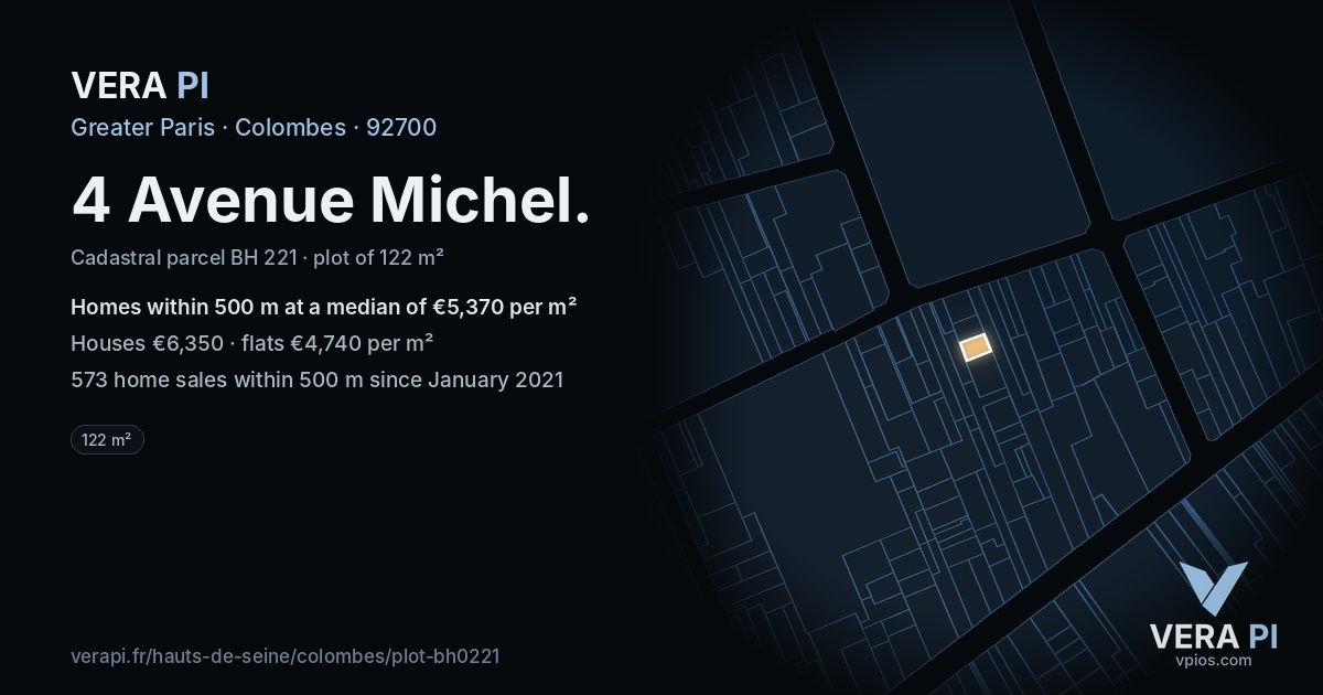 4 Avenue Michel, Colombes at night – the plot lit, the parcels around coloured by the prices near them