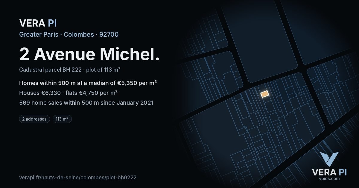 2 Avenue Michel, Colombes at night – the plot lit, the parcels around coloured by the prices near them