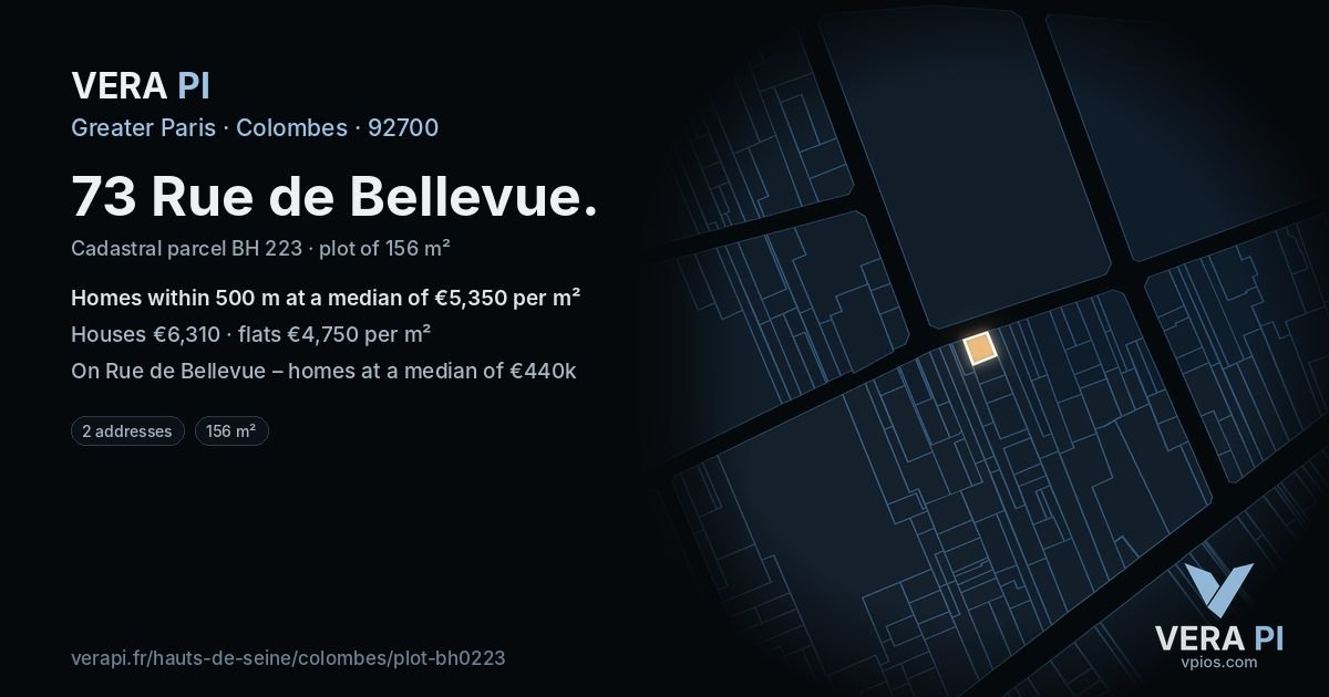 73 Rue de Bellevue, Colombes at night – the plot lit, the parcels around coloured by the prices near them