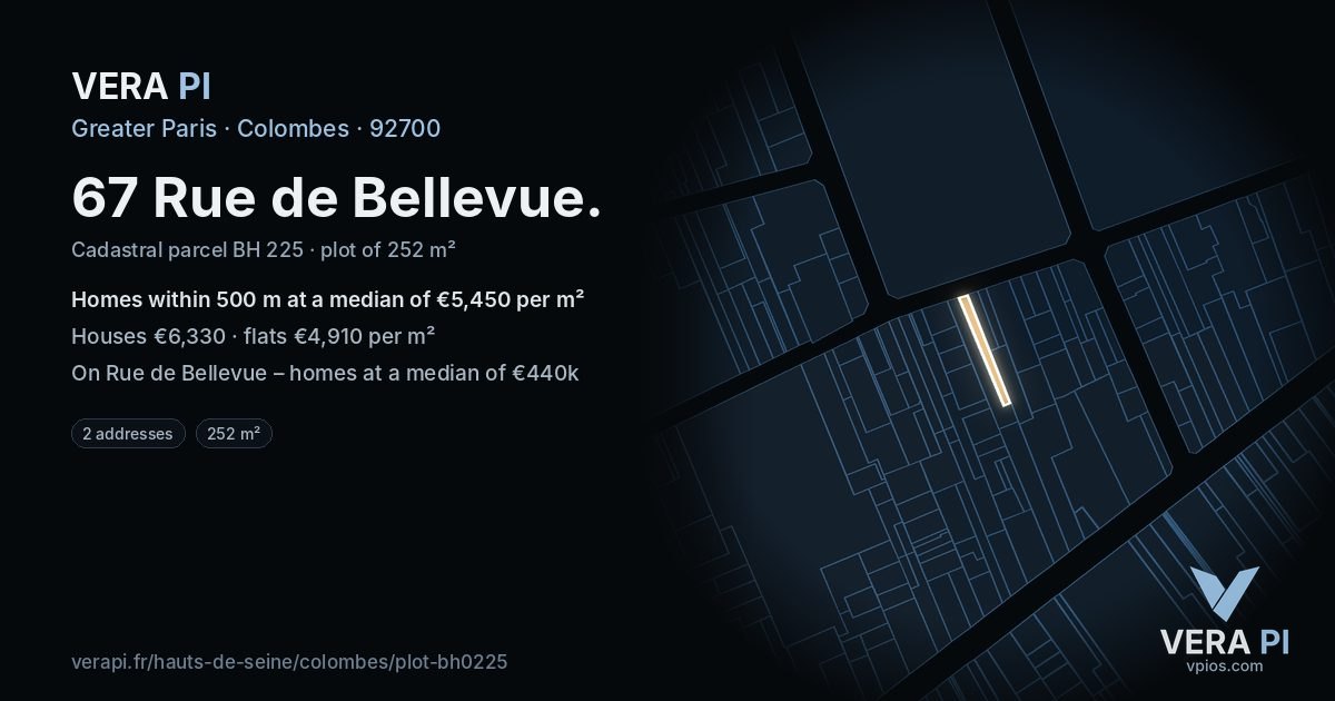 67 Rue de Bellevue, Colombes at night – the plot lit, the parcels around coloured by the prices near them