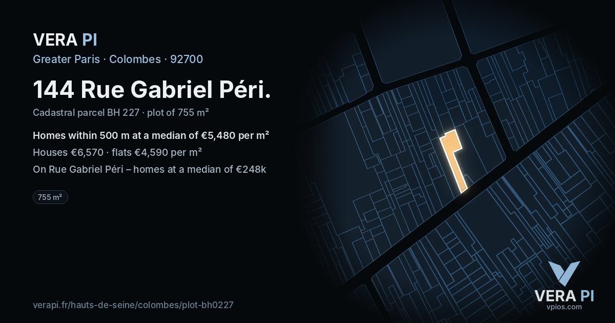 144 Rue Gabriel Péri, Colombes at night – the plot lit, the parcels around coloured by the prices near them