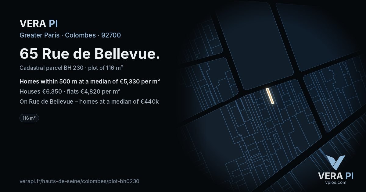 65 Rue de Bellevue, Colombes at night – the plot lit, the parcels around coloured by the prices near them