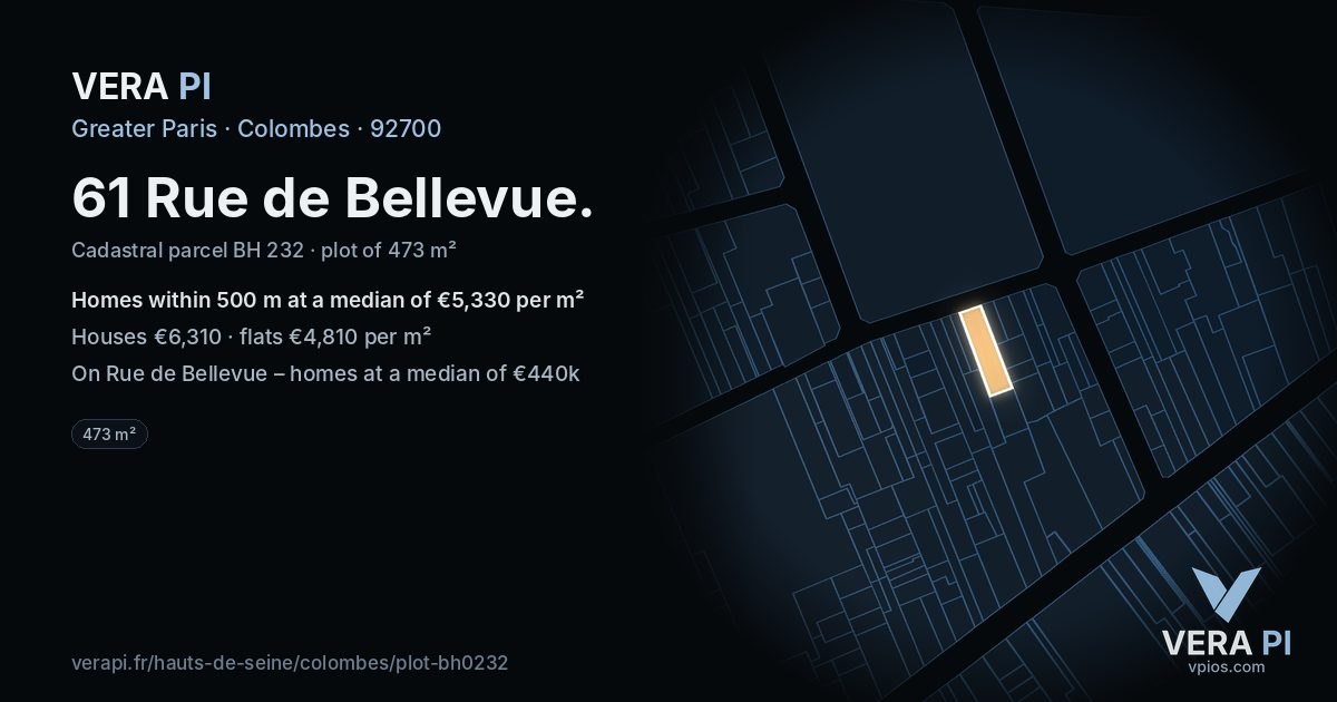 61 Rue de Bellevue, Colombes at night – the plot lit, the parcels around coloured by the prices near them