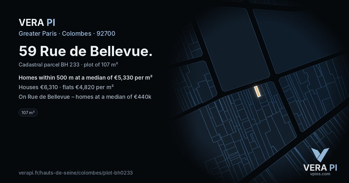 59 Rue de Bellevue, Colombes at night – the plot lit, the parcels around coloured by the prices near them