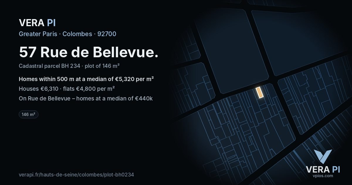 57 Rue de Bellevue, Colombes at night – the plot lit, the parcels around coloured by the prices near them