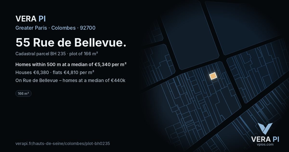 55 Rue de Bellevue, Colombes at night – the plot lit, the parcels around coloured by the prices near them