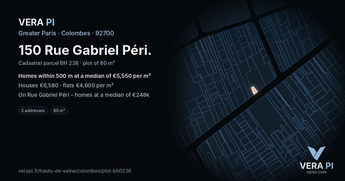 150 Rue Gabriel Péri, Colombes at night – the plot lit, the parcels around coloured by the prices near them