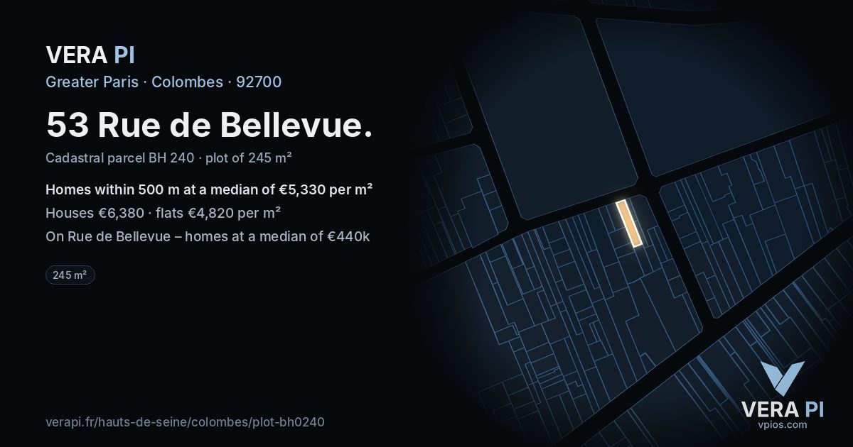 53 Rue de Bellevue, Colombes at night – the plot lit, the parcels around coloured by the prices near them