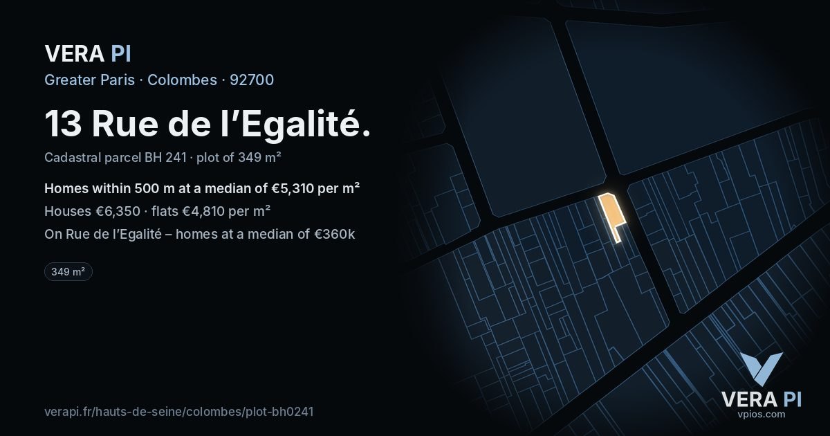 13 Rue de l’Egalité, Colombes at night – the plot lit, the parcels around coloured by the prices near them