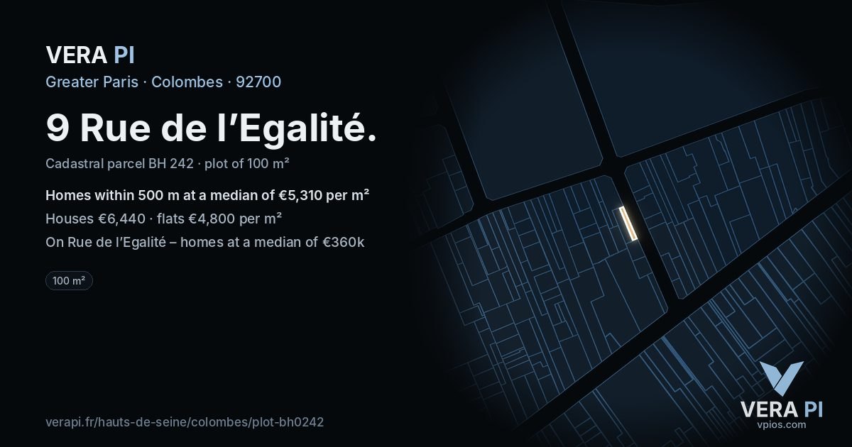 9 Rue de l’Egalité, Colombes at night – the plot lit, the parcels around coloured by the prices near them