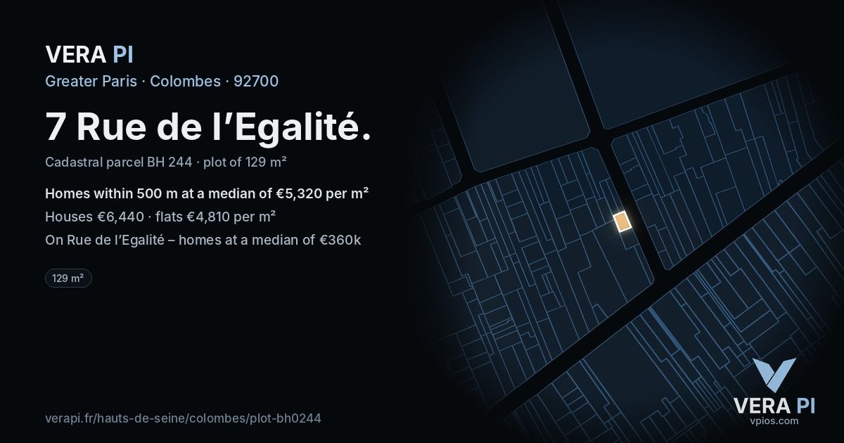 7 Rue de l’Egalité, Colombes at night – the plot lit, the parcels around coloured by the prices near them