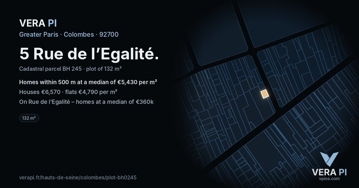 5 Rue de l’Egalité, Colombes at night – the plot lit, the parcels around coloured by the prices near them
