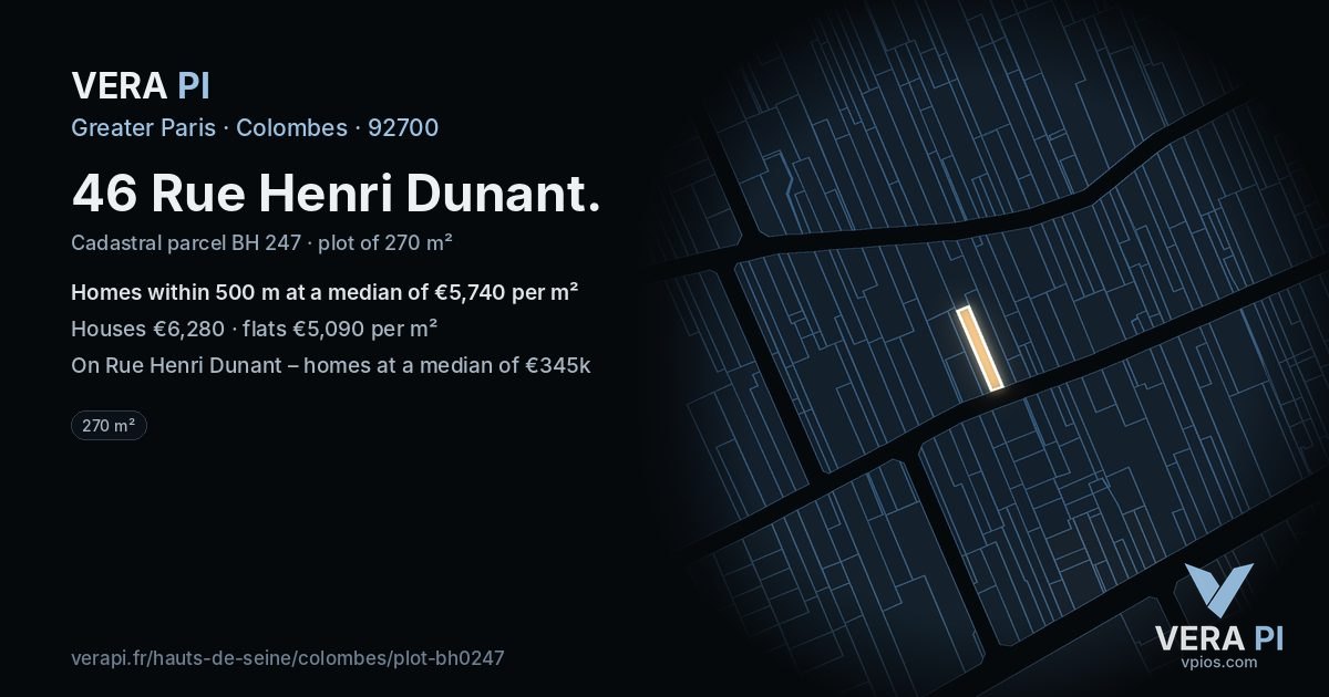 46 Rue Henri Dunant, Colombes at night – the plot lit, the parcels around coloured by the prices near them