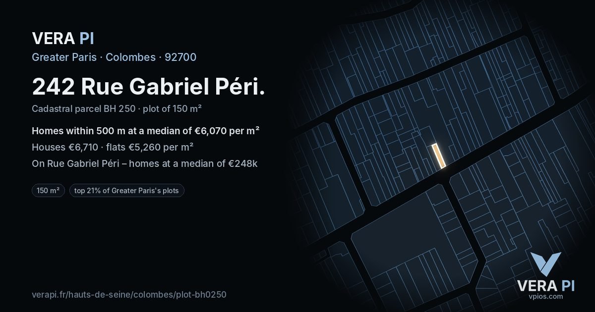 242 Rue Gabriel Péri, Colombes at night – the plot lit, the parcels around coloured by the prices near them