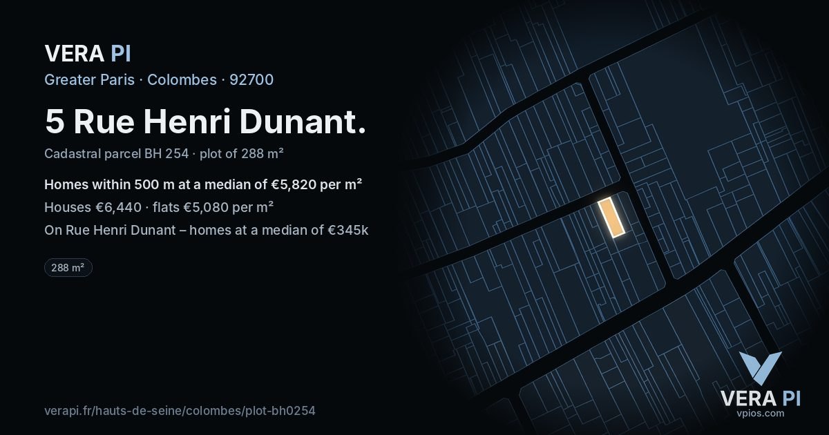 5 Rue Henri Dunant, Colombes at night – the plot lit, the parcels around coloured by the prices near them