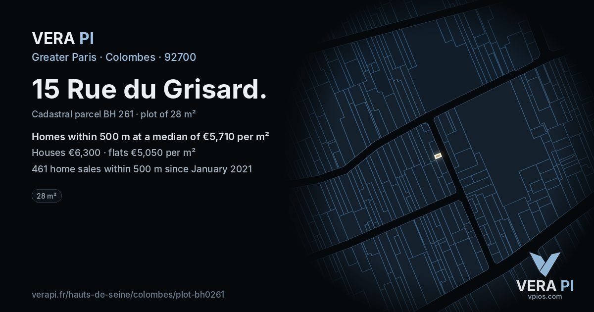 15 Rue du Grisard, Colombes at night – the plot lit, the parcels around coloured by the prices near them