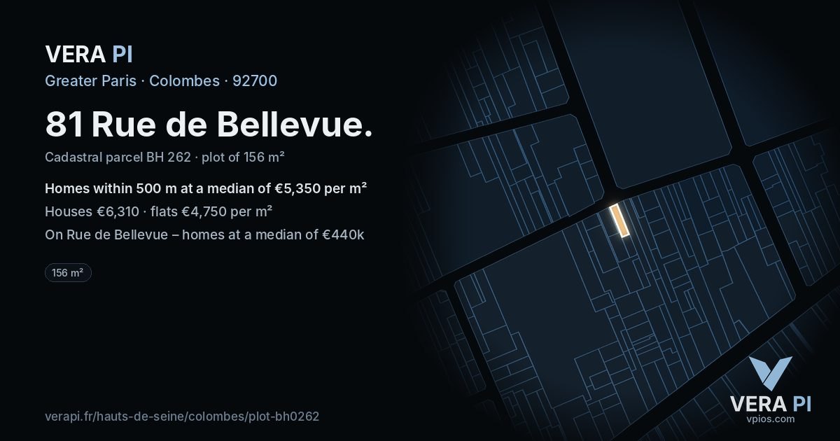 81 Rue de Bellevue, Colombes at night – the plot lit, the parcels around coloured by the prices near them