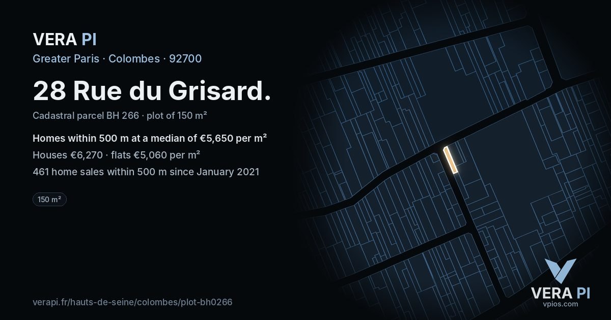 28 Rue du Grisard, Colombes at night – the plot lit, the parcels around coloured by the prices near them
