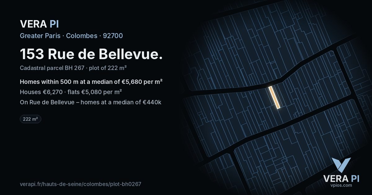 153 Rue de Bellevue, Colombes at night – the plot lit, the parcels around coloured by the prices near them