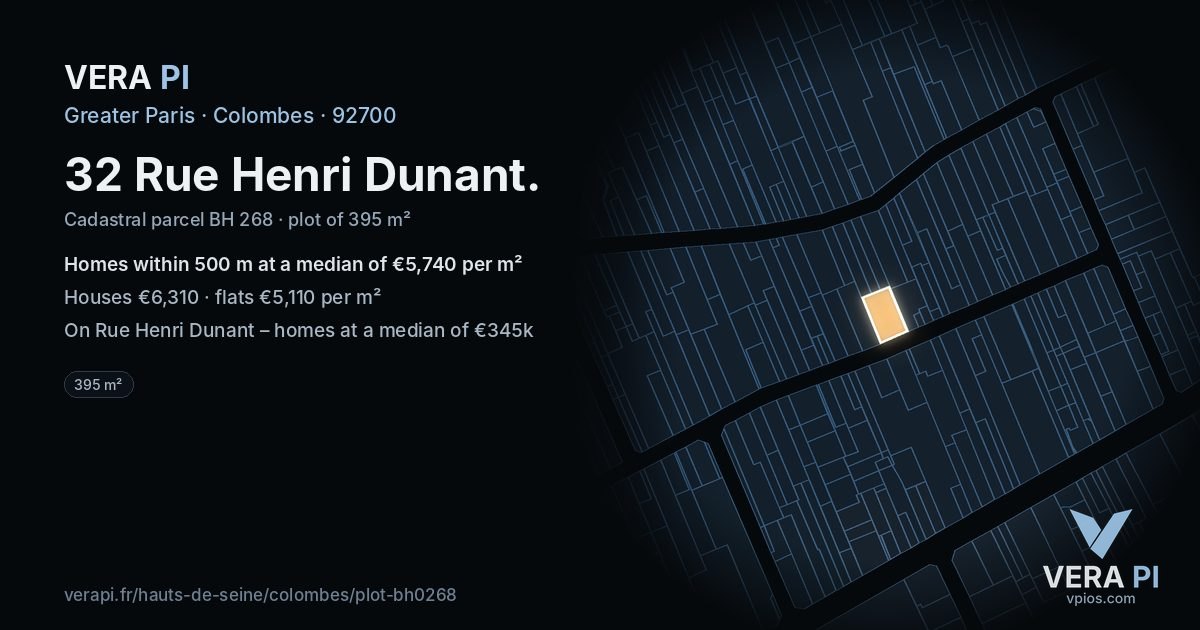 32 Rue Henri Dunant, Colombes at night – the plot lit, the parcels around coloured by the prices near them