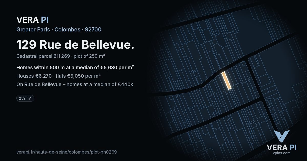 129 Rue de Bellevue, Colombes at night – the plot lit, the parcels around coloured by the prices near them