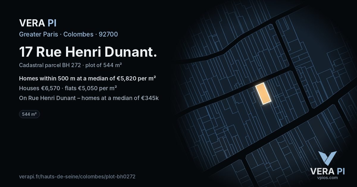 17 Rue Henri Dunant, Colombes at night – the plot lit, the parcels around coloured by the prices near them