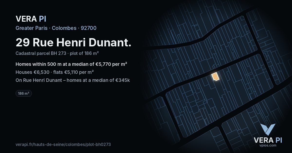 29 Rue Henri Dunant, Colombes at night – the plot lit, the parcels around coloured by the prices near them